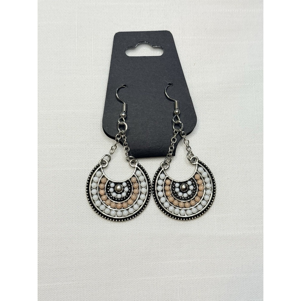 045 Paparazzi White  & Tan Beaded Dangle Earrings